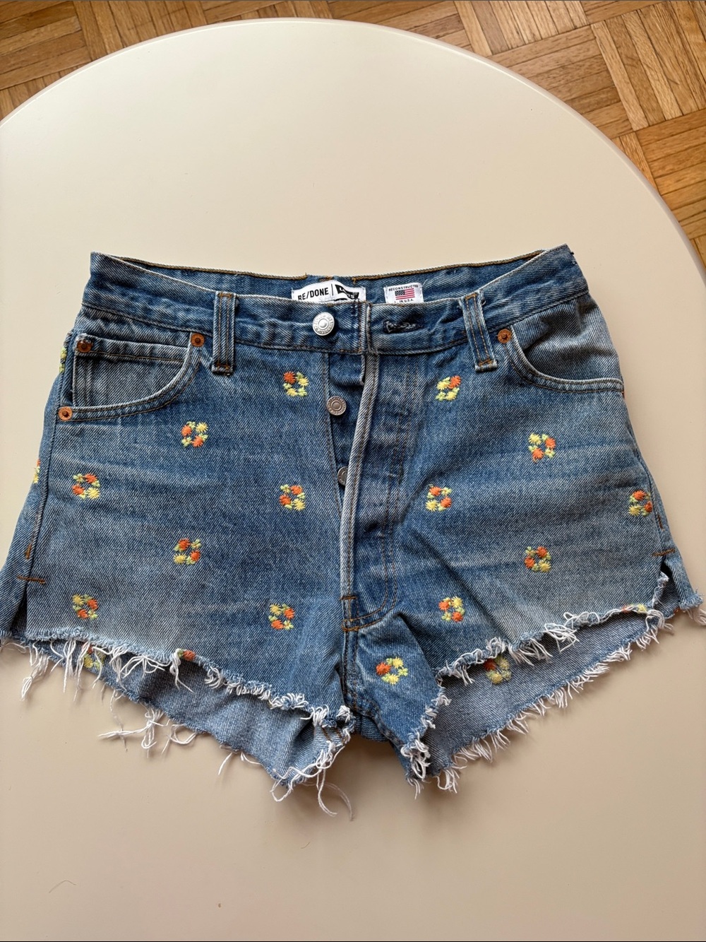 Re/Done Blue Denim Shorts with Orange & Yellow Floral Embroidery